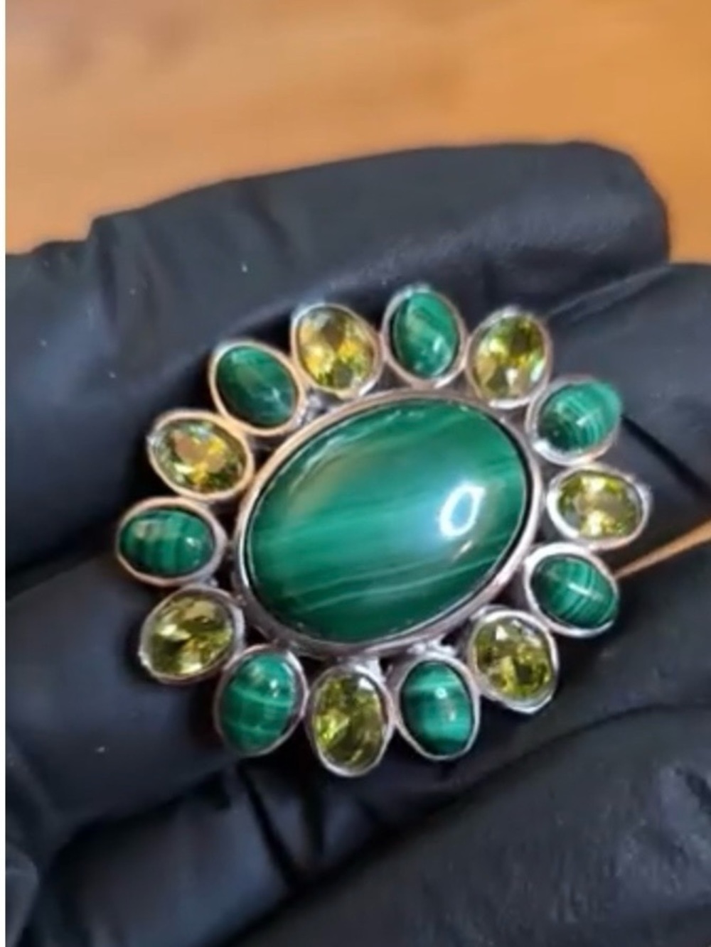 Malachite & Imitation Peridot (CZ) Floral Ring in Stainless Steel Ring